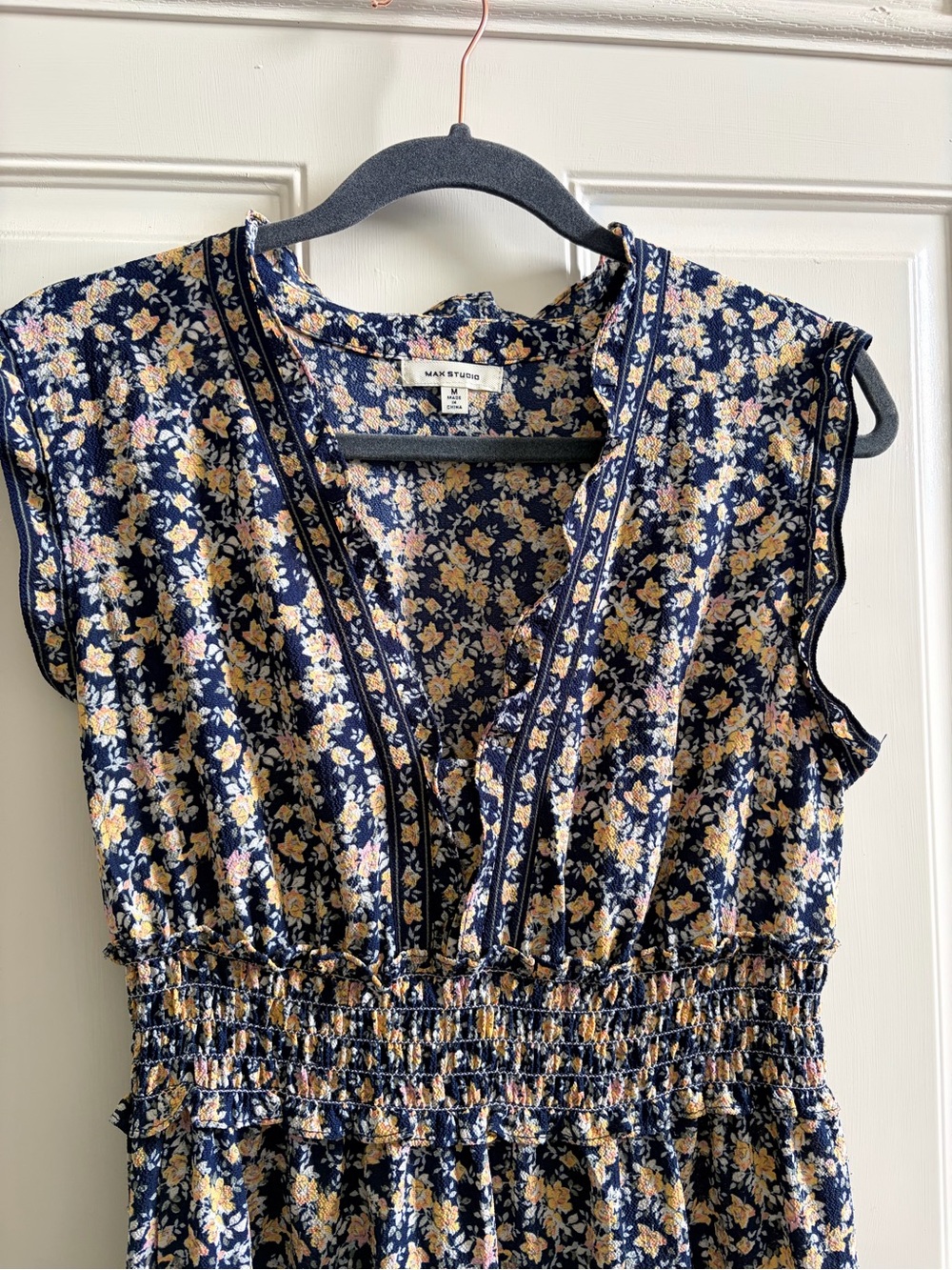 Max Studio Navy Floral Button-Front Midi Dress